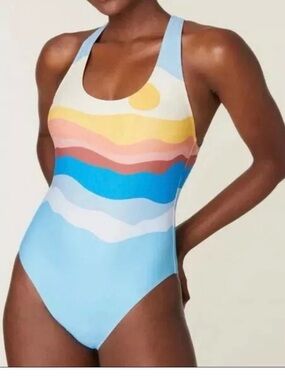 Faherty x Andie The Tulum One Piece Swimsuit Women's L Multi Color Sunset Beach